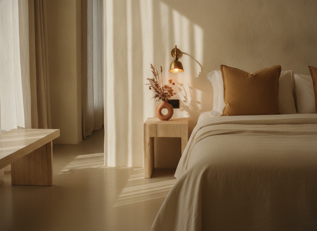 A hotel guest room prepared to an exacting standard, warm evening light through sheer curtains