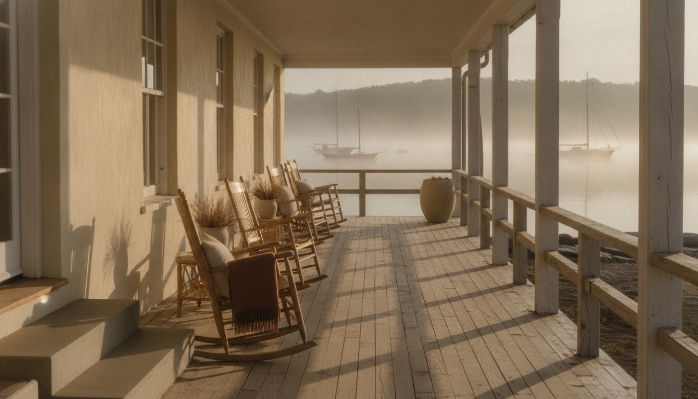 The porch of a coastal New England inn overlooking a misty harbor at sunrise