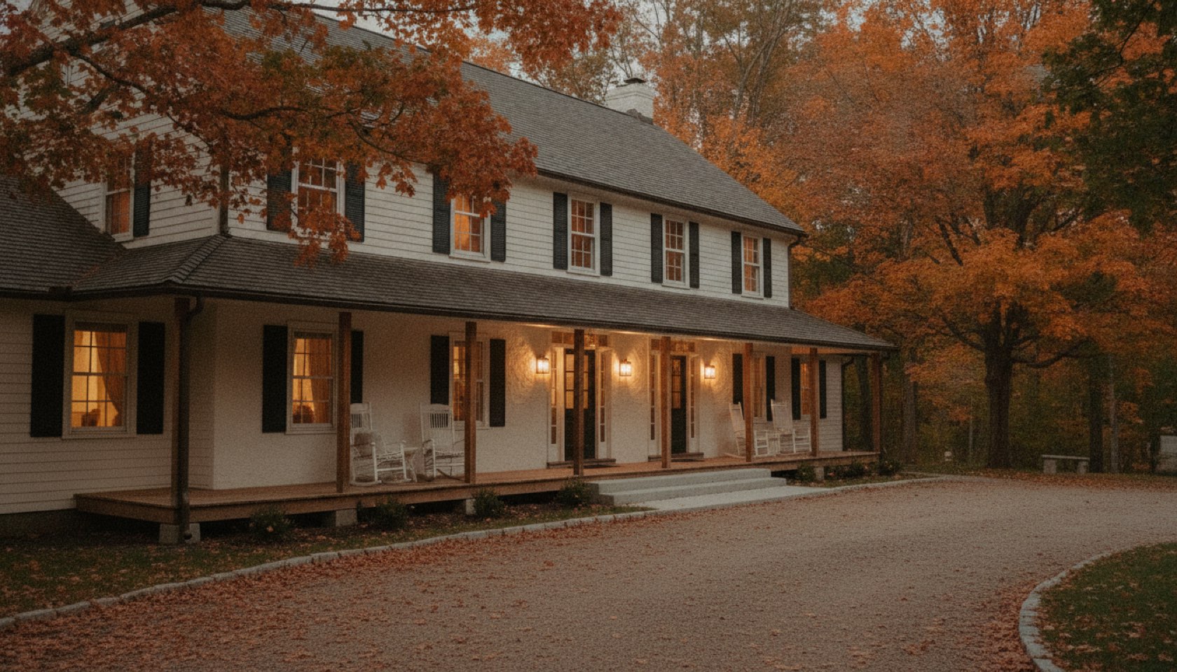 A white clapboard New England inn at dusk, windows glowing, framed by autumn maples