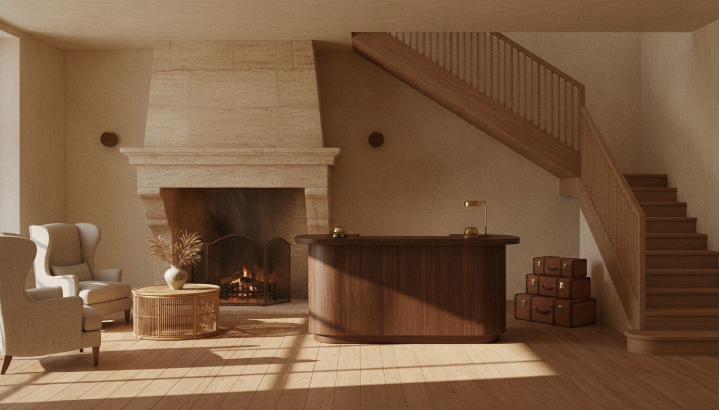The reception area of a refined small hotel with a stone fireplace and wooden front desk